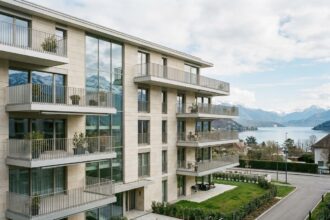 Immeuble résidentiel neuf à Annecy avec architecture contemporaine, balcons et vue sur le lac, idéal pour un achat immobilier durable en Haute-Savoie