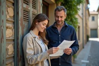 Couple examinant un rapport de diagnostic immobilier devant une ancienne maison en pierre avec volets en bois