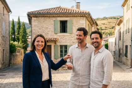 Agente immobilière ARE Immo remettant les clés d'une maison en pierre à un couple acheteur à Ganges dans l'Hérault