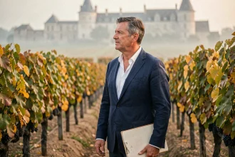 Investisseur tenant un dossier financier debout entre les rangées de vignes d'un domaine bordelais en automne