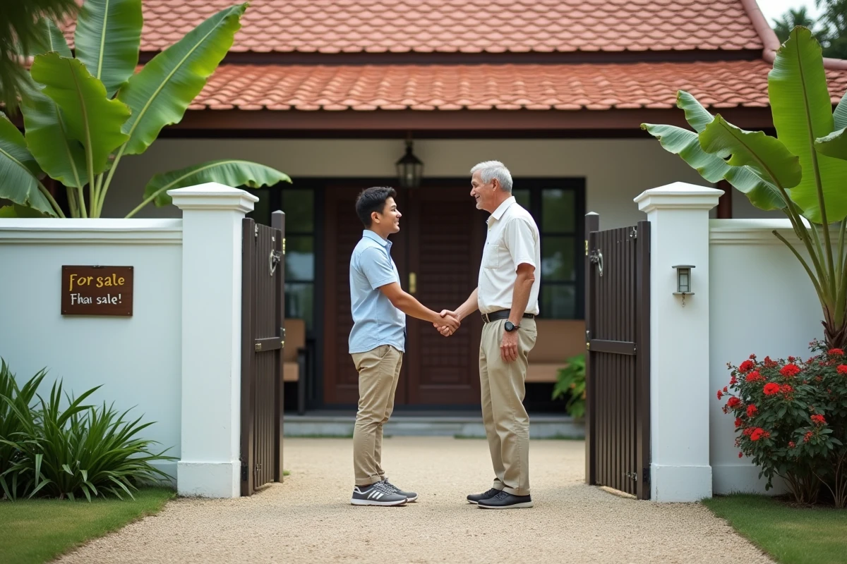 Acheteur occidental et vendeur thaïlandais se serrant la main devant une villa à vendre en Thaïlande entre particuliers