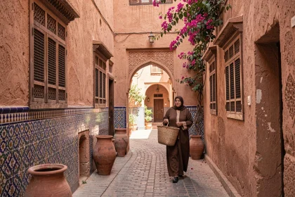 Ruelle typique de la médina de Marrakech avec murs en pisé ocre, céramiques artisanales et bougainvillées, illustrant le charme immobilier du centre historique
