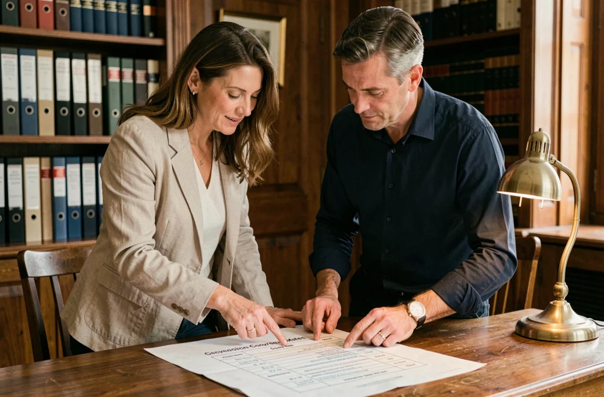 Couple d'acheteurs consultant un tableau de conversion ares en m2 chez un notaire