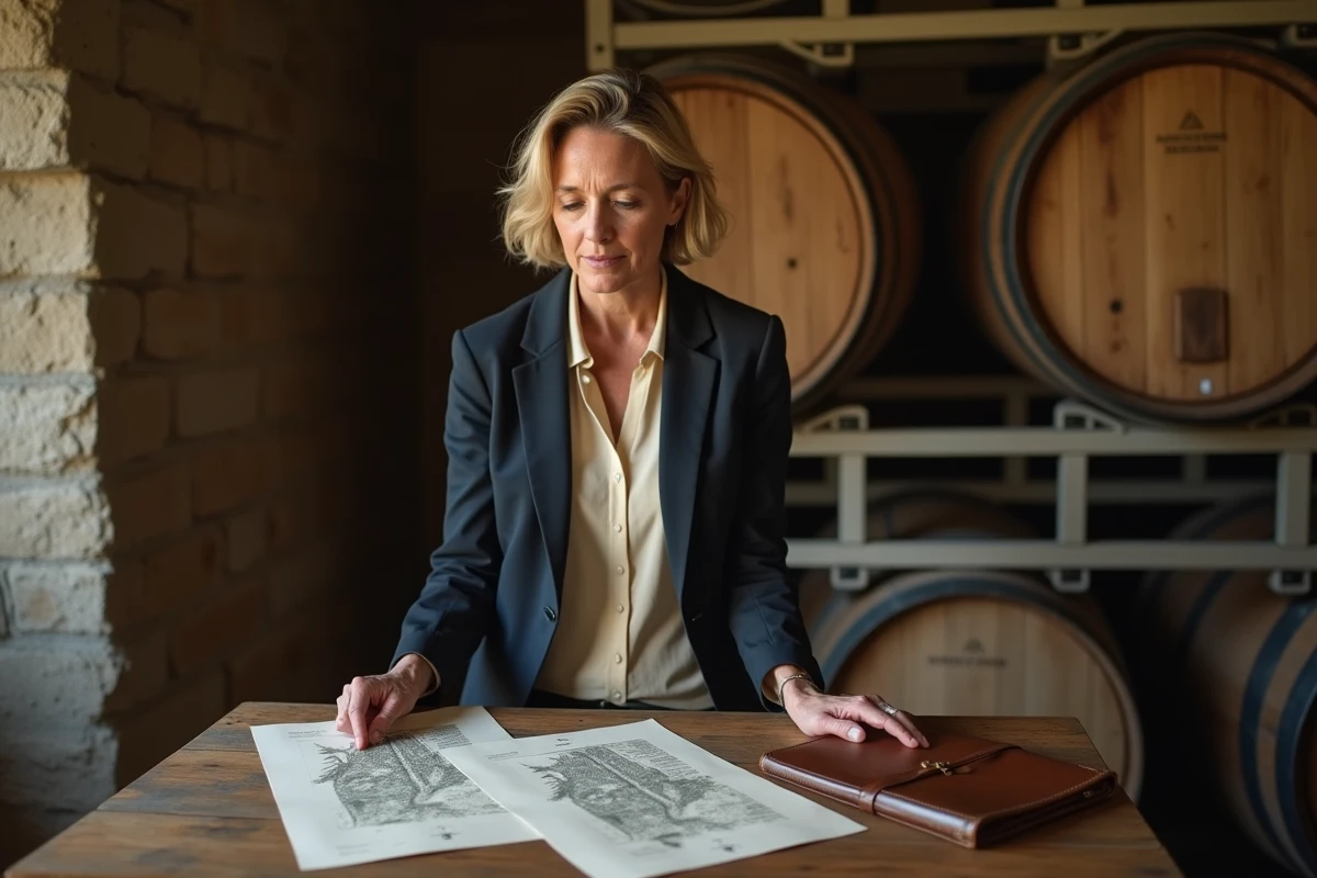 Acquéreuse de vignoble bordelais étudiant des documents fonciers dans un chai avec des barriques en chêne