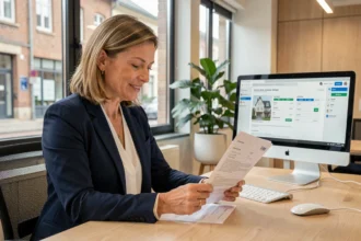 Gestionnaire locative professionnelle dans une agence immobilière en Moselle révisant un contrat de location