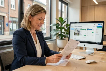 Gestionnaire locative professionnelle dans une agence immobilière en Moselle révisant un contrat de location
