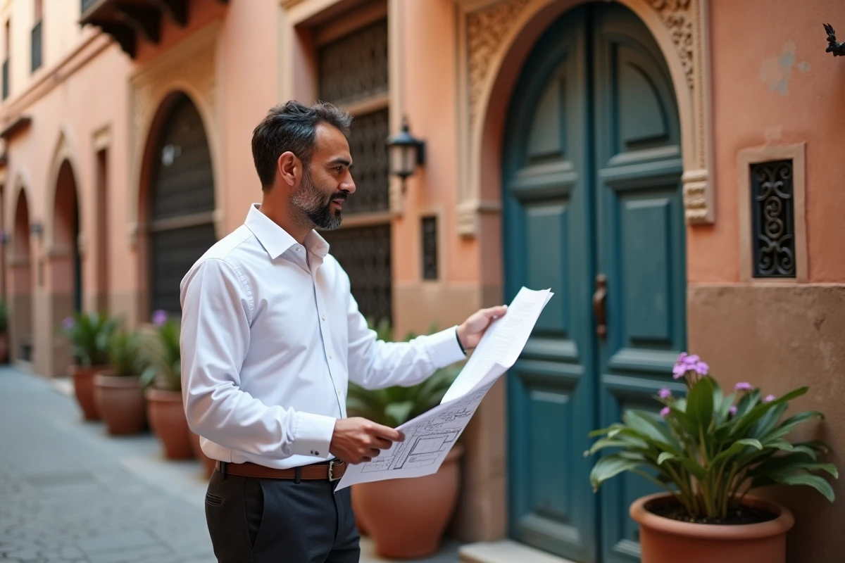 Agent immobilier marocain présentant un appartement ancien dans la médina de Marrakech avec façade en plâtre ocre et porte en bois sculpté