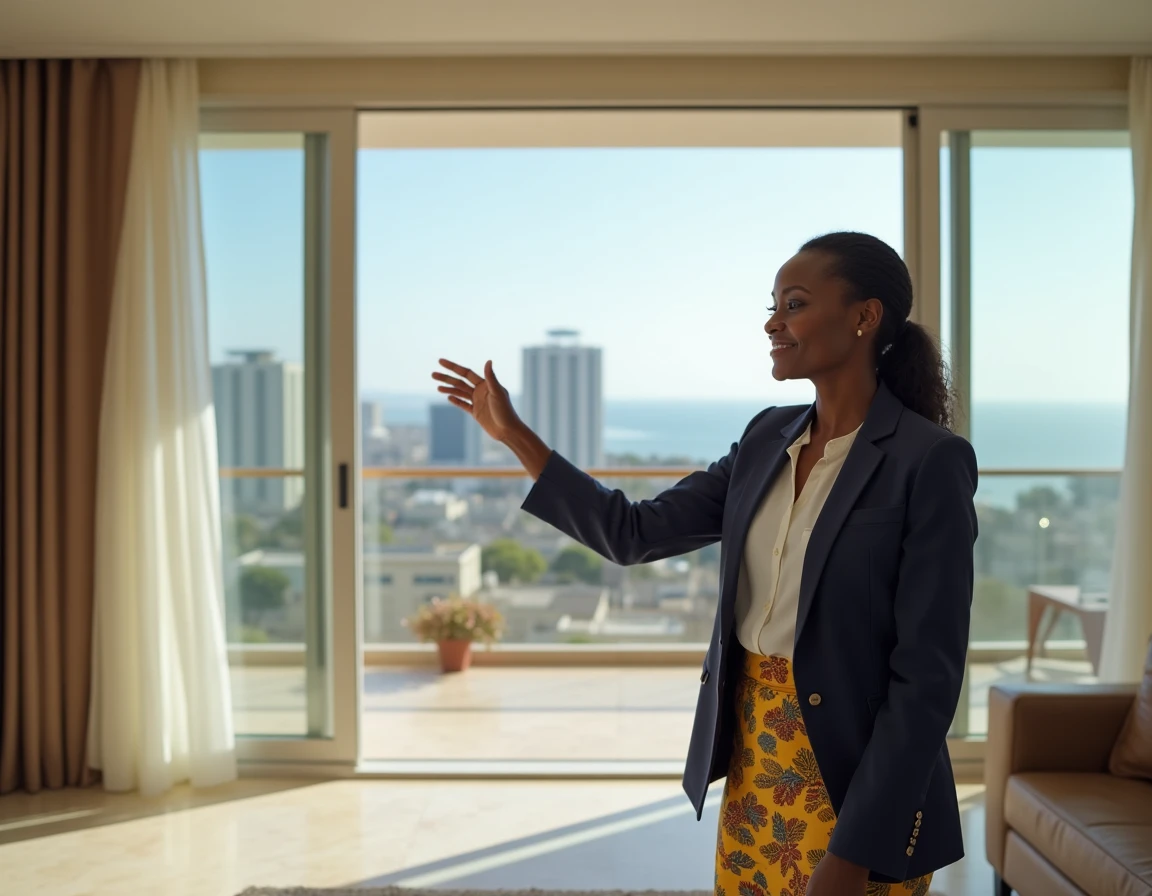 Agent immobilier sénégalaise présentant un appartement F3 avec vue sur l'Atlantique à Dakar