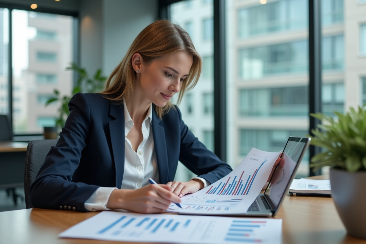 Agent immobilier analysant des documents dans un bureau lumineux