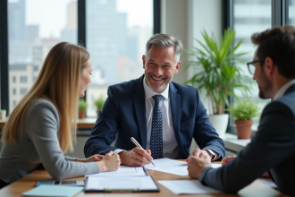 Agent immobilier souriant avec couple dans un bureau moderne