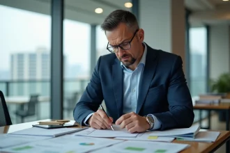 Agent immobilier en costume bleu examinant des documents