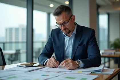 Agent immobilier en costume bleu examinant des documents