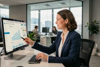 Agent immobilière analysant une estimation en ligne sur son ordinateur dans une agence moderne en 2026