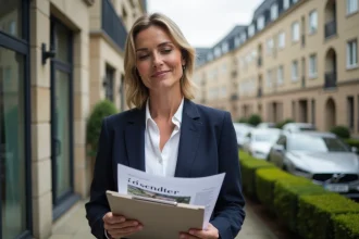 Agent immobilier devant un immeuble résidentiel moderne avec panneau à vendre, illustrant la hausse des prix dans les zones prisées
