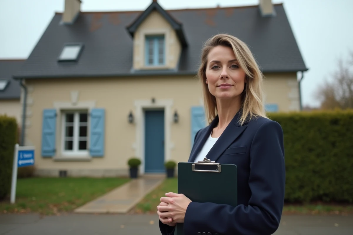 Agent immobilier devant une maison à vendre avec panneau 'À Vendre', illustrant la vente urgente d'un bien immobilier dans le cadre d'un divorce