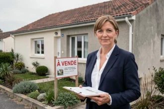 Agente immobilière devant une maison à vendre près de Saint-Nazaire avec panneau de vente dans le jardin