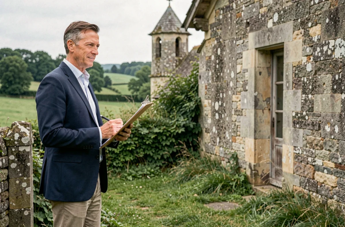 Agent immobilier évaluant les dépendances d'un manoir abandonné à vendre en milieu rural