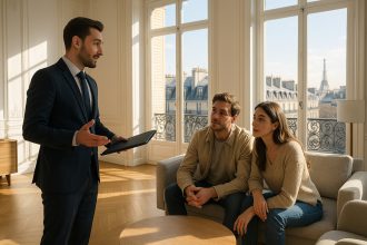 Agent immobilier discutant dans un appartement parisien lumineux