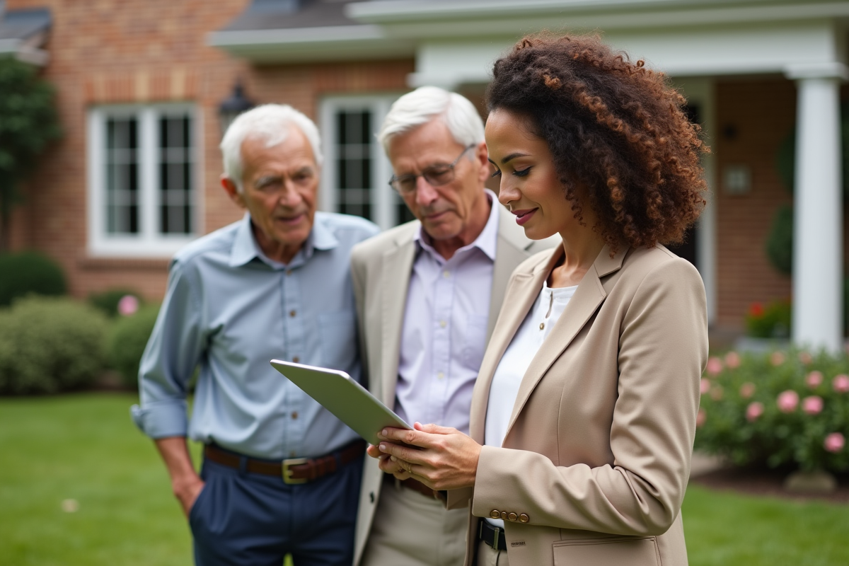 Agent immobilier montrant une tablette à un couple devant une maison