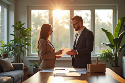 Agent immobilier et couple dans un salon lumineux
