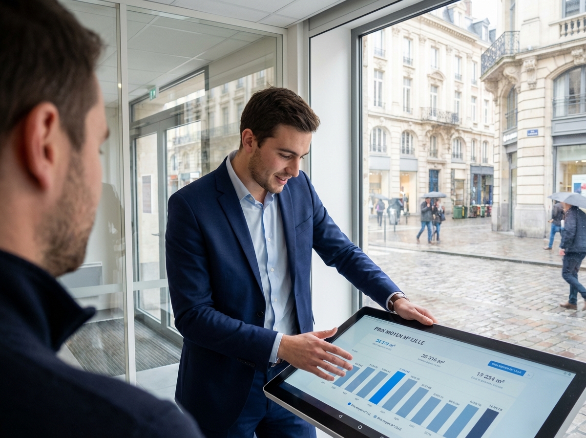 Jeune agent immobilier montre un graphique sur une tablette