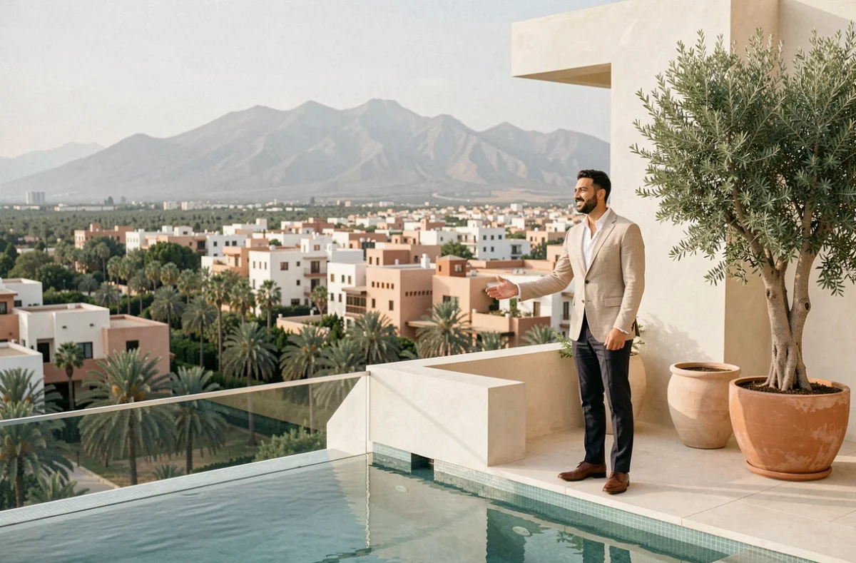 Agent immobilier marocain sur la terrasse d'une villa moderne en périphérie de Marrakech avec vue sur la ville et les montagnes de l'Atlas