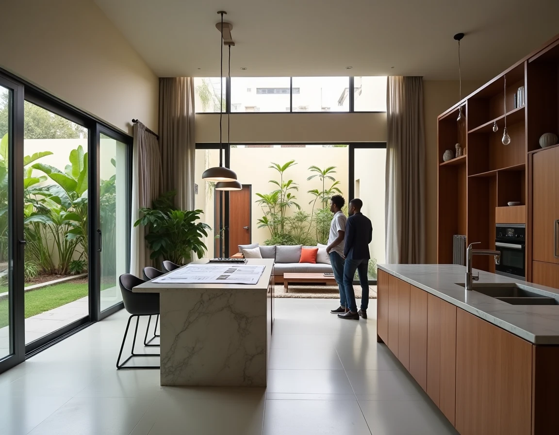 Couple visitant un grand appartement F4 moderne aux Almadies à Dakar avec vue sur jardin tropical