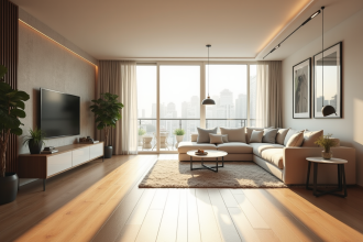 Salon lumineux d un appartement moderne avec grandes fenêtres