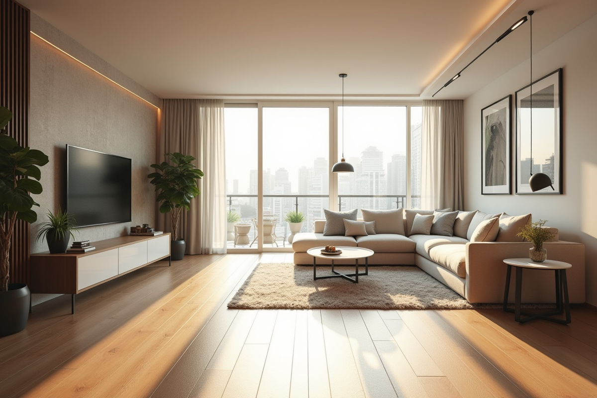 Salon lumineux d un appartement moderne avec grandes fenêtres