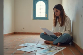 Jeune femme consultant des annonces de location d'appartement à Essaouira dans un appartement modeste aux murs blanchis à la chaux