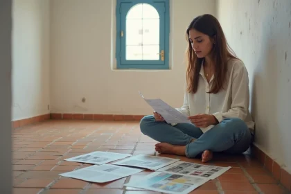 Jeune femme consultant des annonces de location d'appartement à Essaouira dans un appartement modeste aux murs blanchis à la chaux