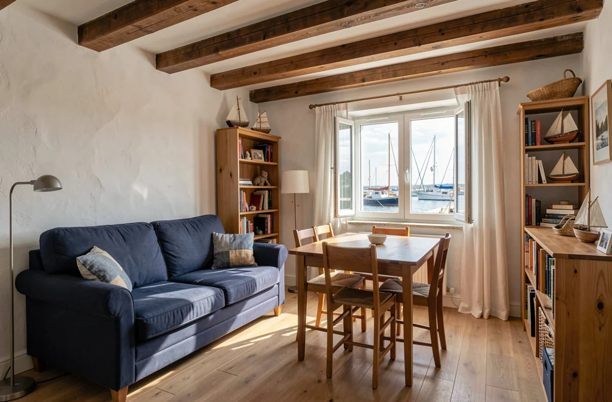 Intérieur d'un appartement meublé à louer à Concarneau avec vue sur le port et poutres en bois apparentes