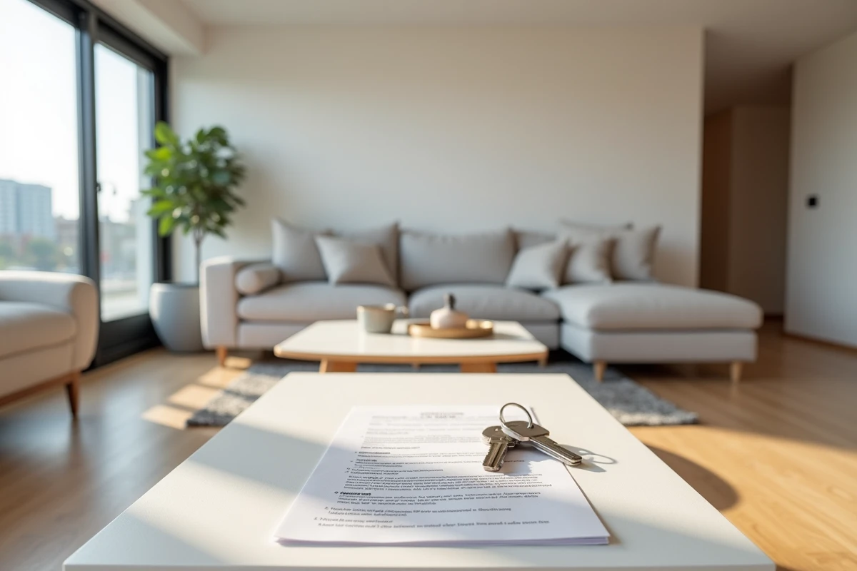 Appartement meublé moderne prêt à être loué avec clés et contrat posés sur la table basse