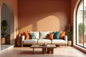 Salon d'un appartement neuf à Marrakech avec murs en tadelakt, carrelage zellige et fenêtre en arc donnant sur une cour avec palmiers