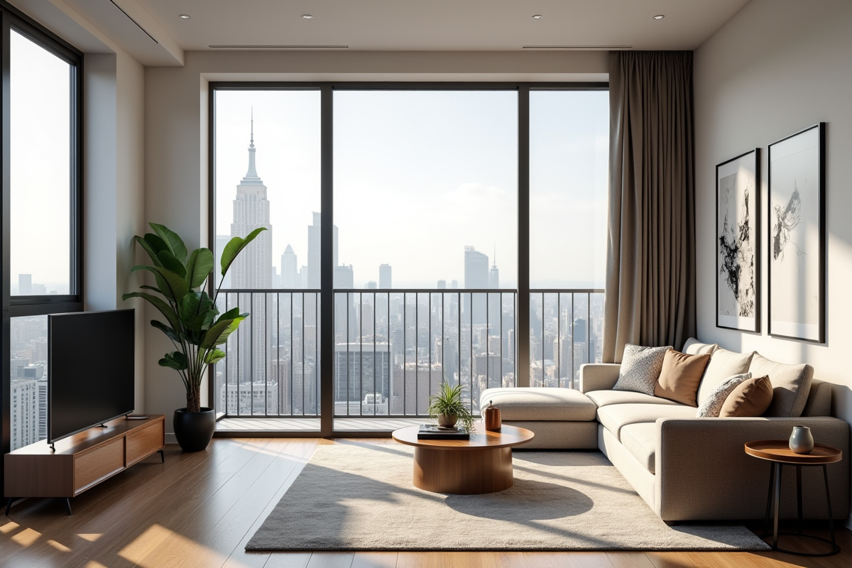 Intérieur d'un studio moderne lumineux avec vue sur la ville