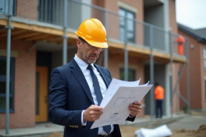 Architecte homme en casque examine plans sur site de construction