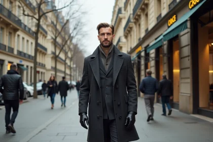 Homme élégant marchant avenue Montaigne dans le 8e arrondissement de Paris, quartier le plus riche de la capitale en 2026