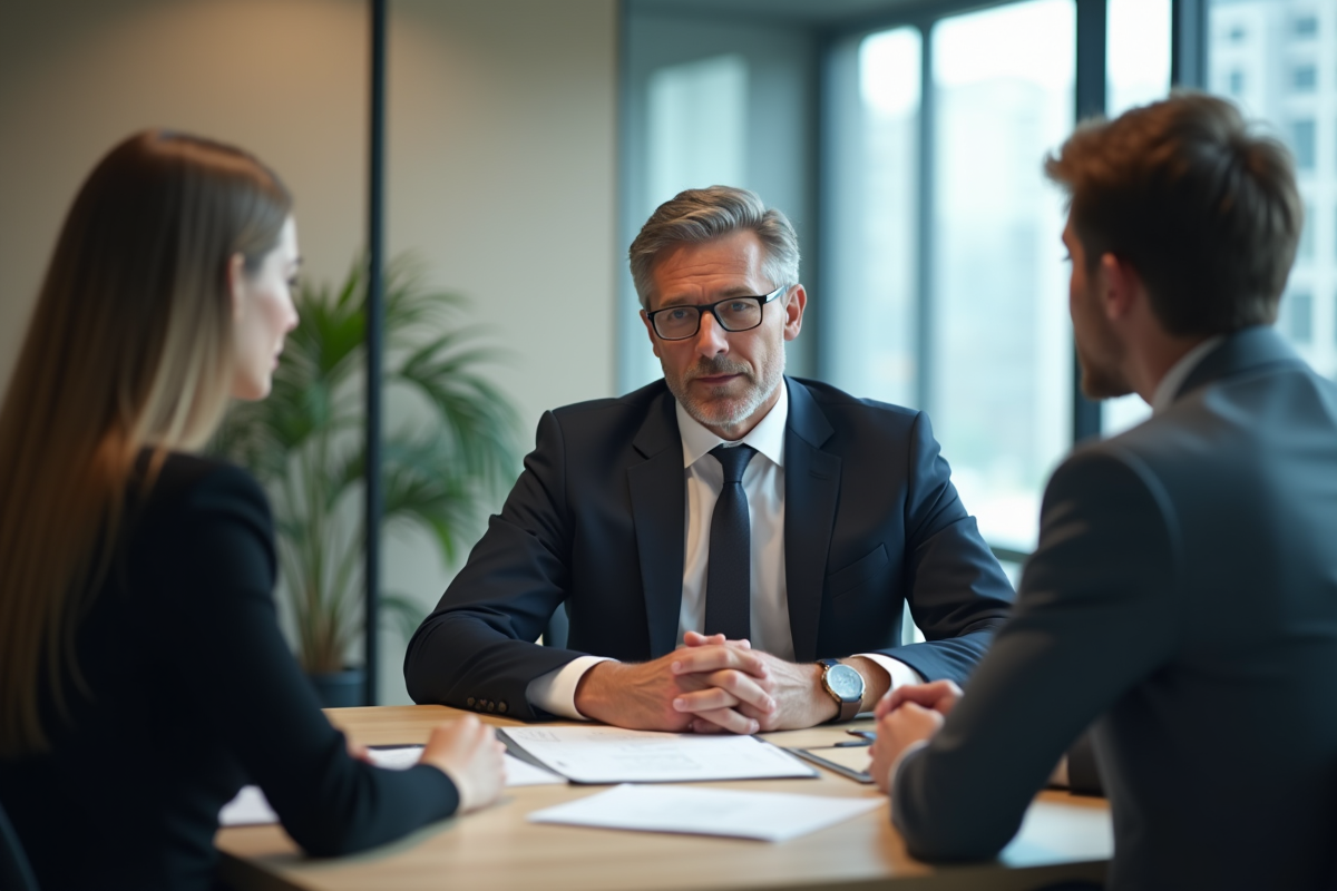 Banquier professionnel parle avec un couple dans une banque