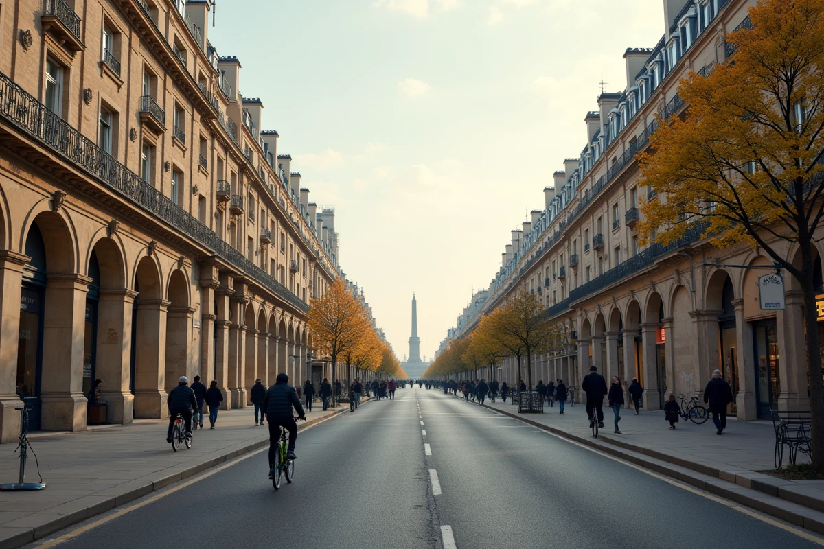 Boulevard haussmannien à Paris montrant la continuité architecturale des immeubles avec toiture mansardée et arcade commerciale