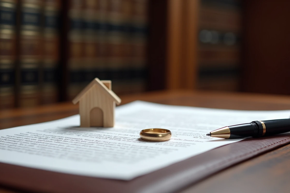 Bureau de notaire avec contrat de vente immobilière et alliance posée sur les documents, symbolisant la vente d'une maison en procédure de divorce judiciaire