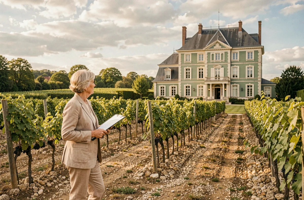 Experte Annie Pezat effectuant une estimation d'un domaine viticole avec manoir en Gironde