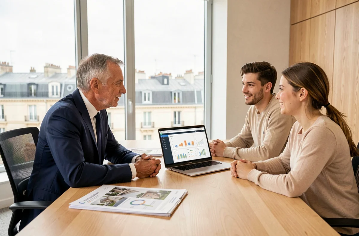 Conseiller du cabinet Cap Avenir Patrimoine présentant une estimation immobilière à un couple de clients