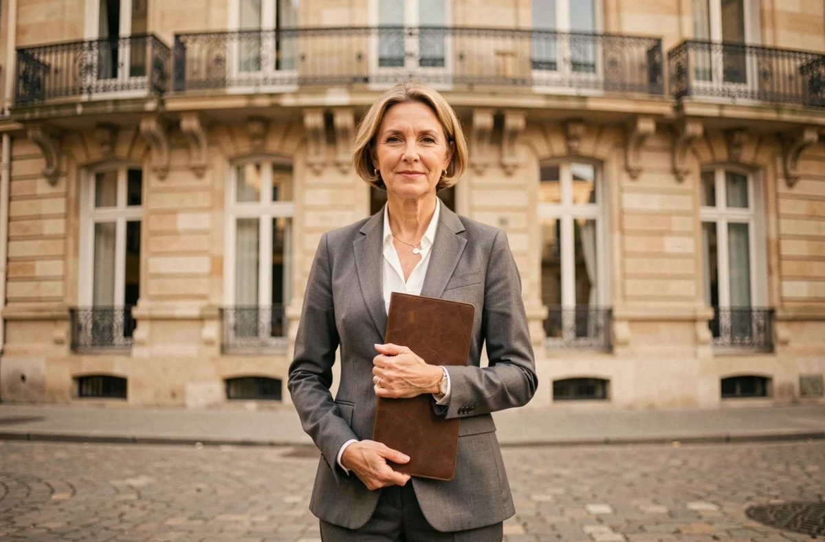 Professionnelle de l'estimation immobilière devant un immeuble haussmannien du quartier des Quinconces à Bordeaux