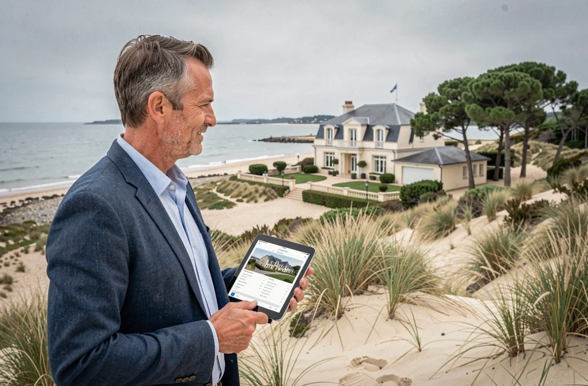 Expert immobilier du cabinet Dune et Patrimoine évaluant une villa en bord de bassin d'Arcachon