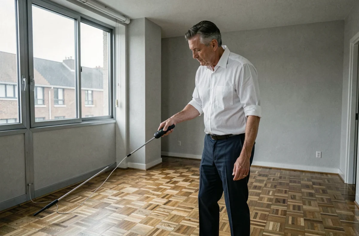 Expert Fouché Stéphane mesurant un appartement moderne à Pau lors d'une mission d'expertise immobilière
