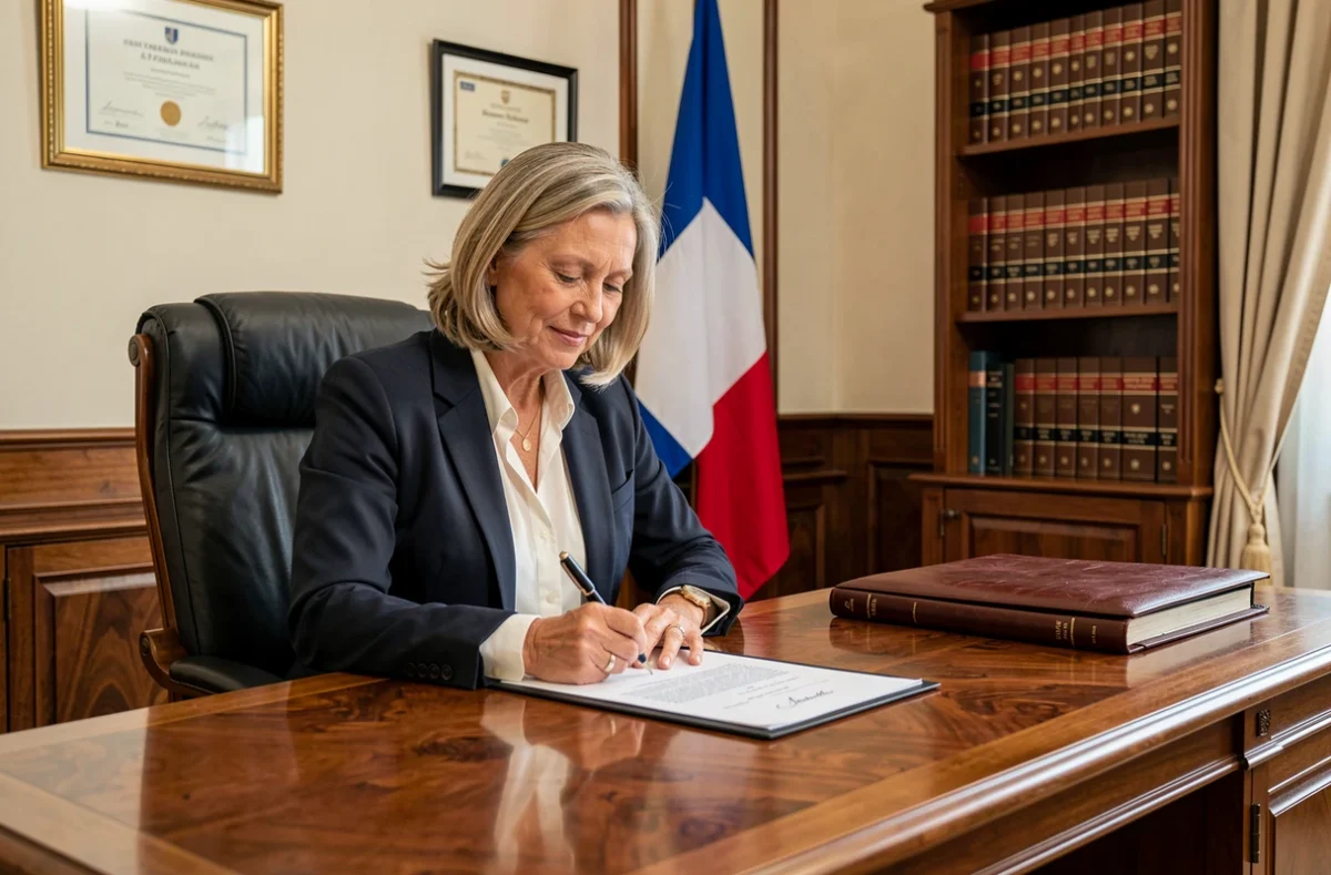 Experte du cabinet France Expertises Évaluations Immobilières signant un rapport officiel dans un bureau institutionnel