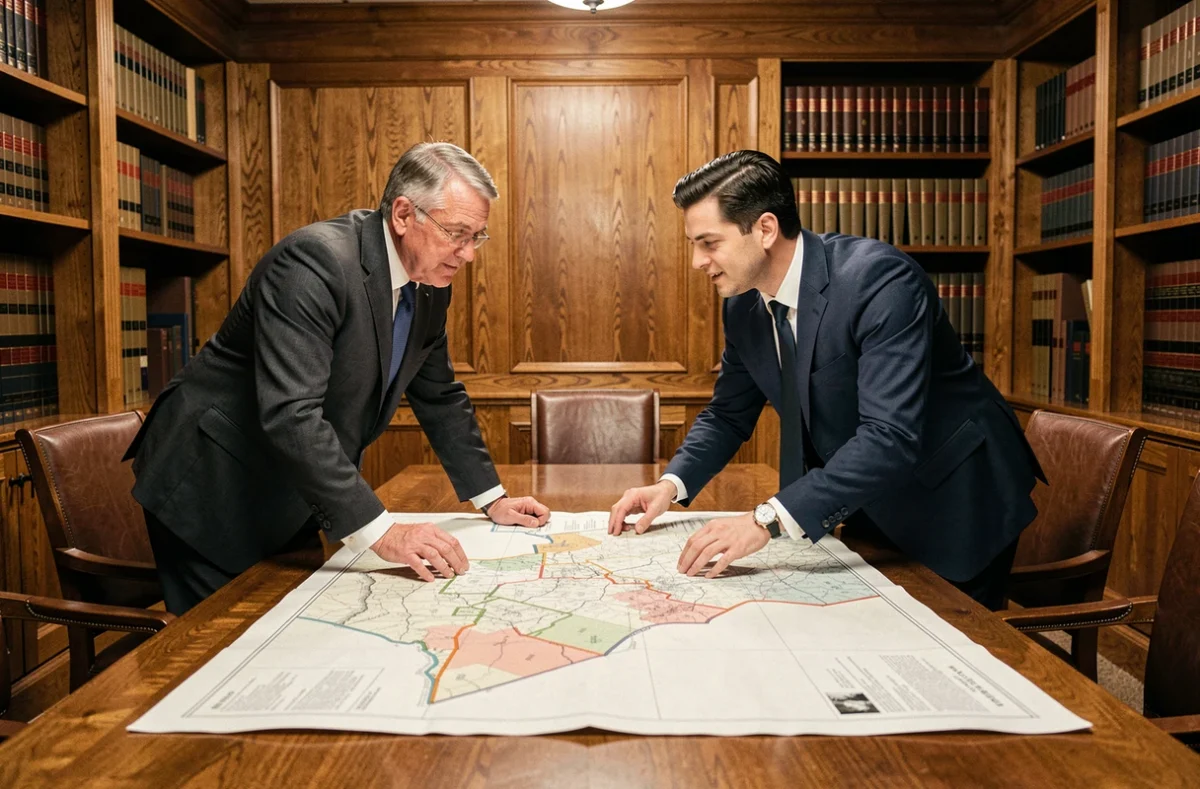 Deux experts du cabinet Georget-Cros étudiant une carte cadastrale dans un bureau juridique traditionnel