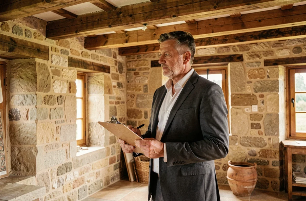 Expert immobilier Ogé Mathias en visite d'estimation dans une maison en pierre rénovée du Périgord
