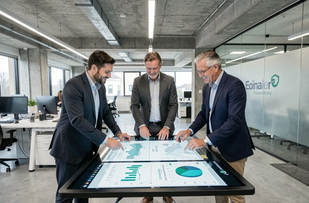 Équipe du cabinet Quantum Group analysant des données immobilières sur écran interactif dans un bureau moderne