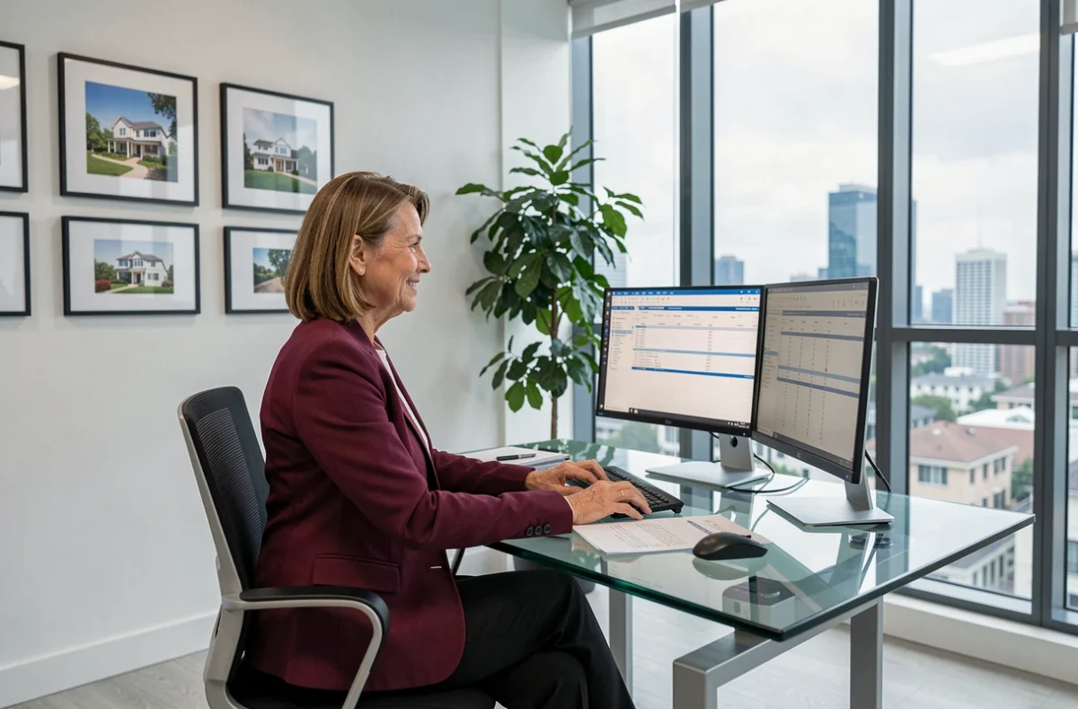 Experte en évaluation immobilière Sophie Duval travaillant sur des données d'estimation dans un bureau contemporain